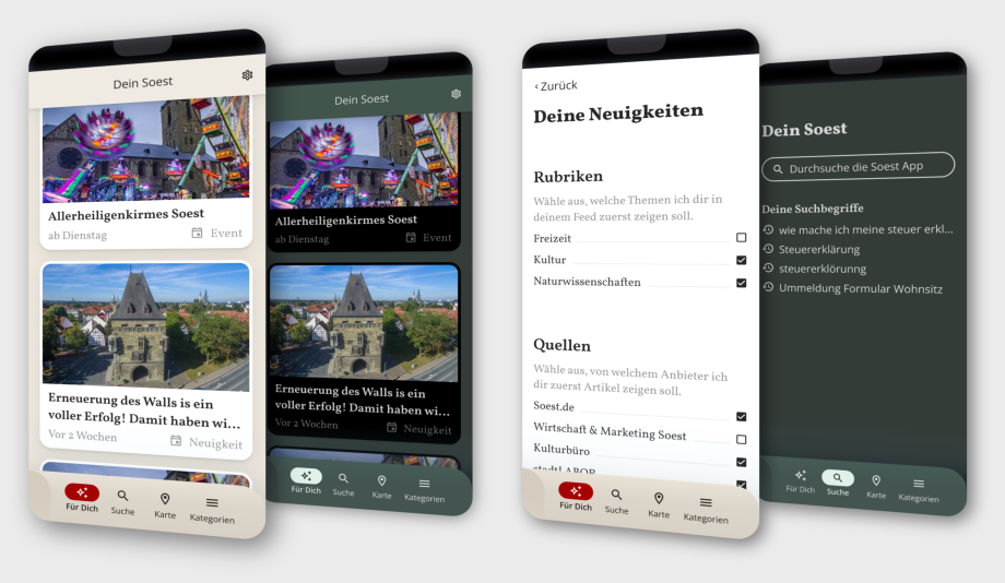 Bildschirmfotos der neuen SoestApp die einen Newsfeed mit Neuigkeiten aus der Stadt und einen Veranstaltungskalender zeigen.