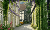 Ki-generierte Beispielgasse mit Begrünung in der Gasse