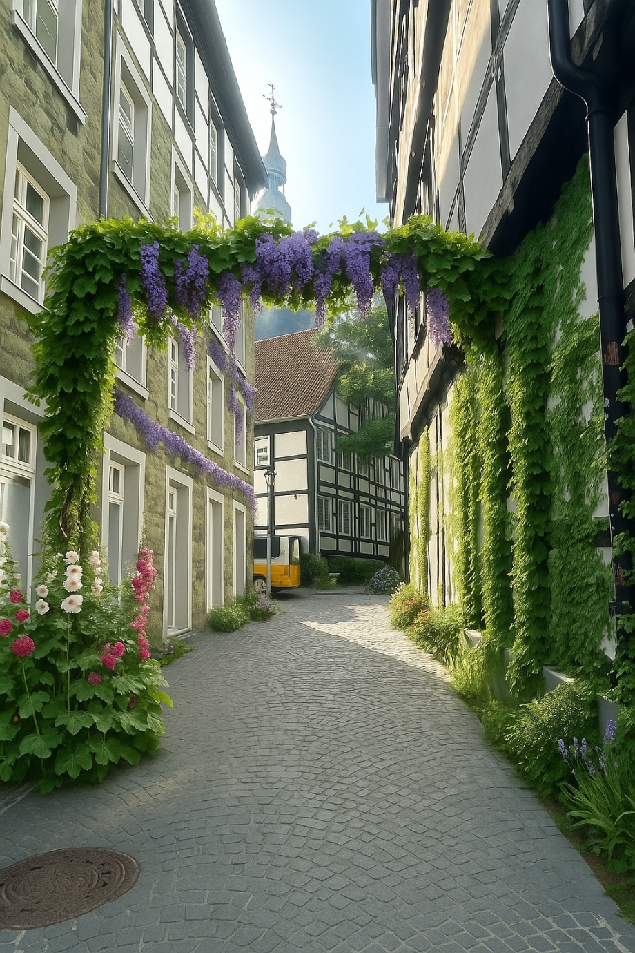 Ki-generierte Beispielgasse mit Begrünung in der Gasse