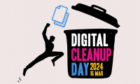 Logo vom Digital Clean Up Day 2024, auf dem eine schemenhafte Figur mit sportlicher Bewegung Müll in einen übergroßen Eimer wirft.