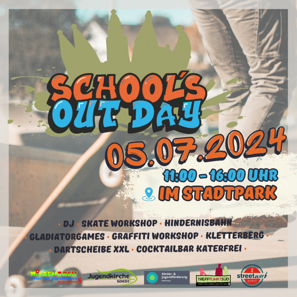 Flyer vom Schools out day. Findet am 5.7. von 11 bis 16 Uhr statt.