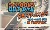 Flyer vom Schools out day. Findet am 5.7. von 11 bis 16 Uhr statt.