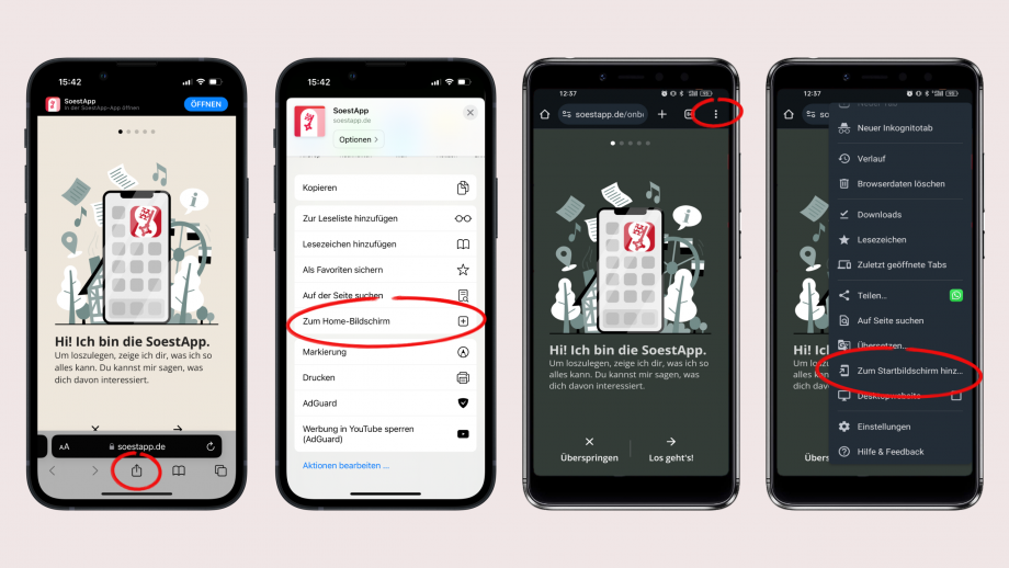 Screenshots von der SoestApp die zeigen, wie man ein Lesezeichen für SoestApp.de auf dem Home Screen vom Handy platziert.