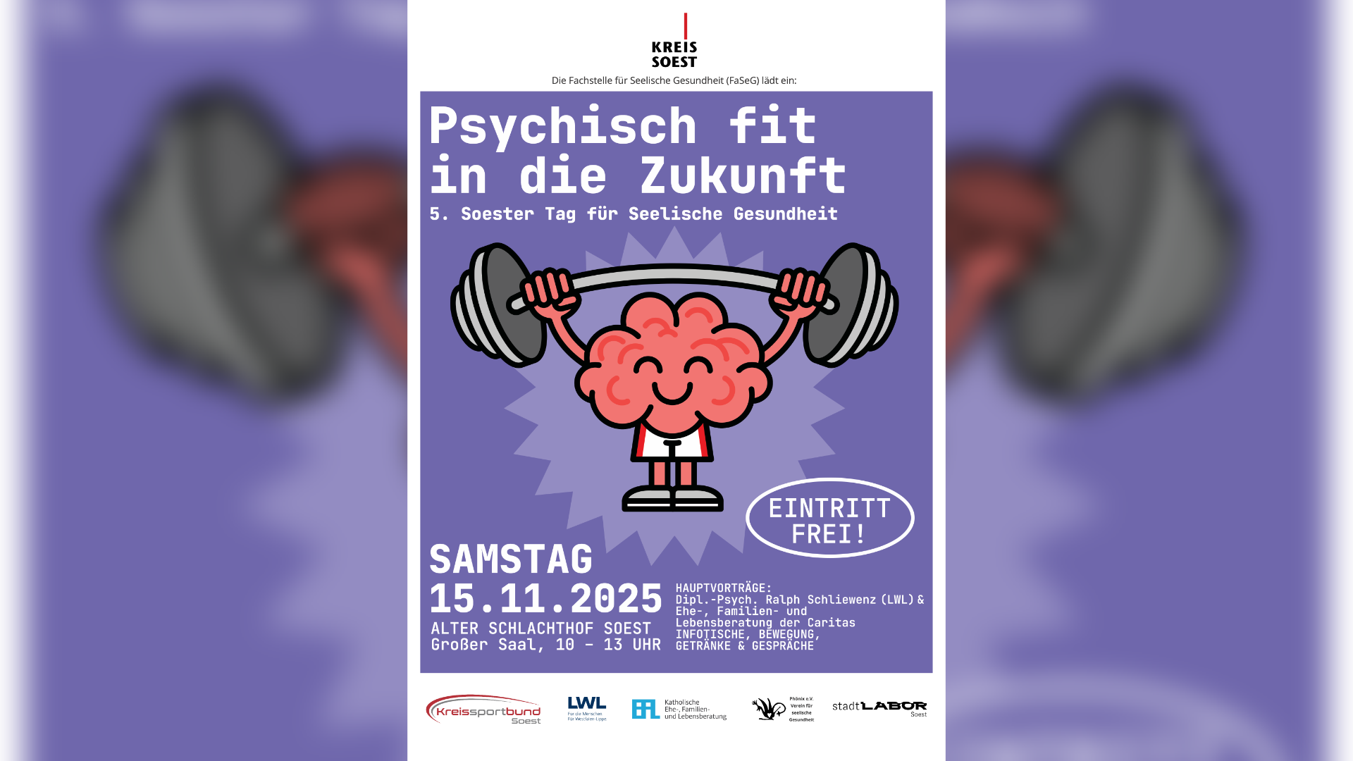 Veranstaltungsposter für den 5. Tag der seelischen Gesundheit in Soest. Es zeigt eine Comicfigur, die wie ein Gehirn aussieht, Gewichte stämmt und dabei sehr fröhlich aussieht.