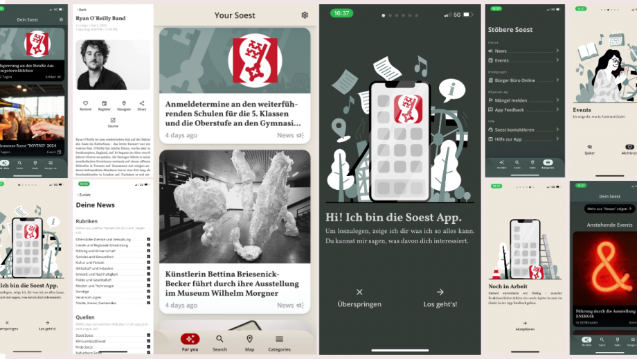 Eine Reihe von Screenshots aus der in der Entwicklung befindlichen SoestApp.