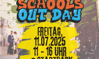 Flyer vom Schools out day. Findet am 11.7.25 von 11 bis 16 Uhr statt.