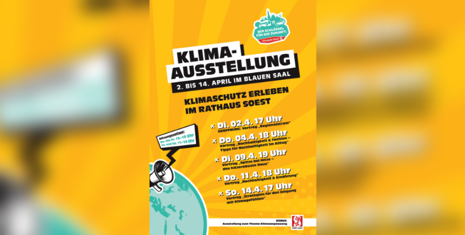 Plakat für eine Klimaausstellung vom 2.4. - 14.4.24 im Blauen Saal des Rathauses