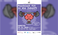 Veranstaltungsposter für den 5. Tag der seelischen Gesundheit in Soest. Es zeigt eine Comicfigur, die wie ein Gehirn aussieht, Gewichte stämmt und dabei sehr fröhlich aussieht.